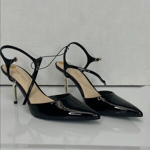 Nine West Glossy Black Heels with Gold Accents